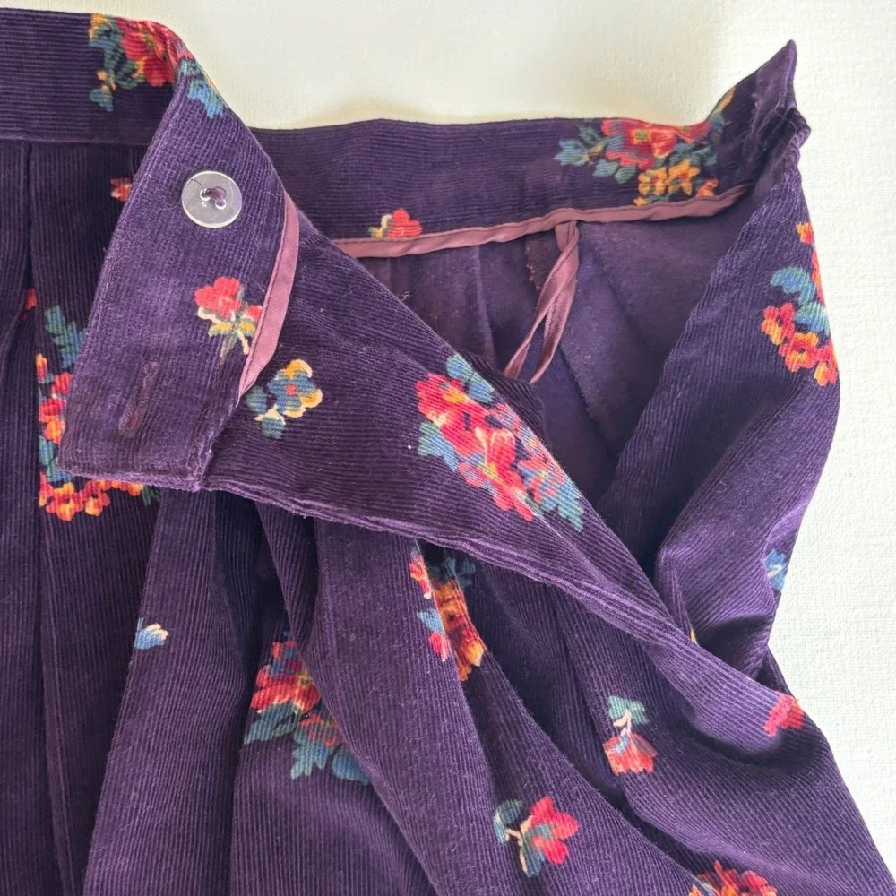 Vintage 90's Purple Floral‎ Corduroy Pleated Midi Skirt Sz 8 Cottagecore